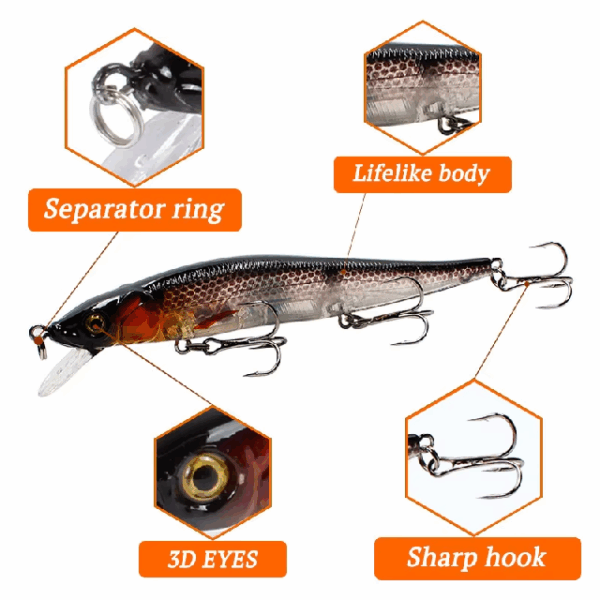 Colorful crankbait lures arranged for freshwater fishing