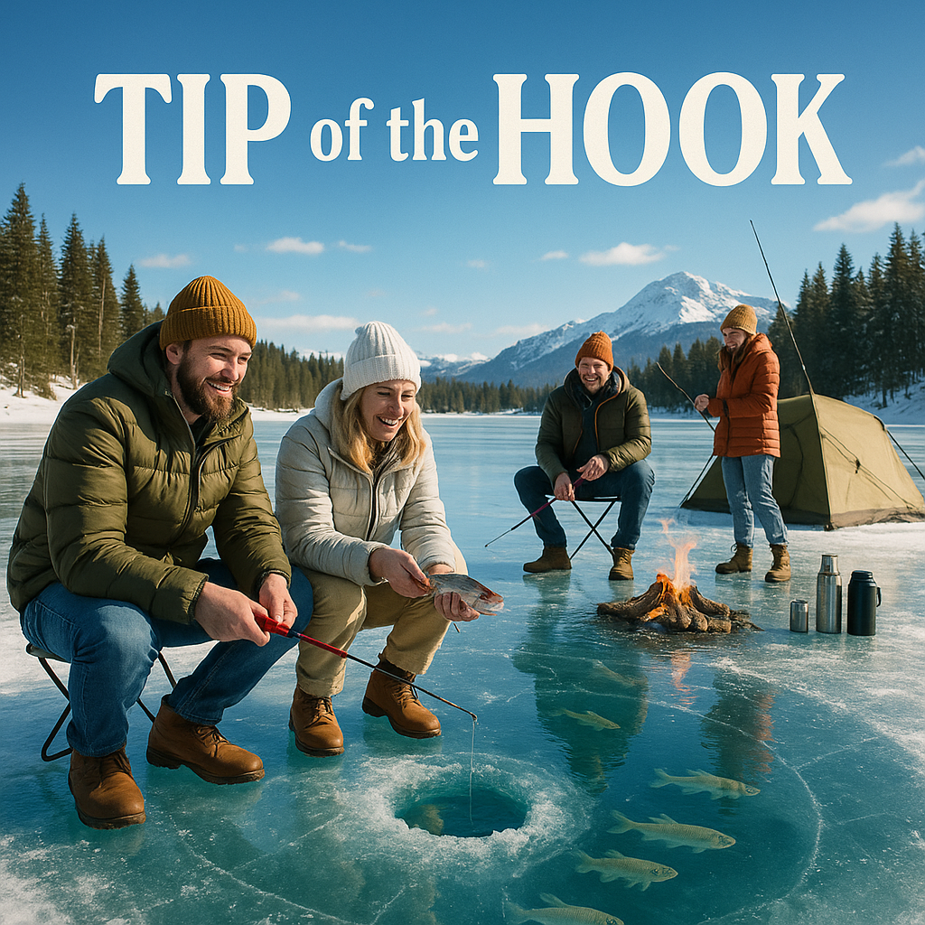 Tip of the Hook angler reeling in a big catch during a peaceful fishing trip on a lake
