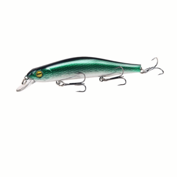 Minnow-style topwater fishing lure with 3D eyes, 12.5cm length, in realistic fish pattern