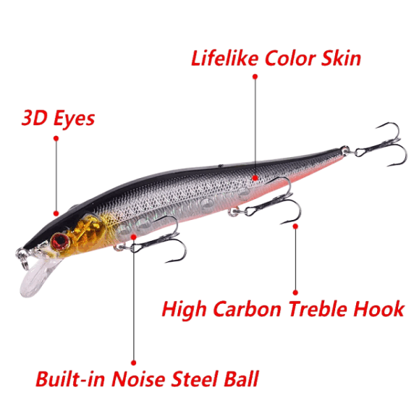 Hard plastic fishing lure with triple treble hooks and rattle system for freshwater predators