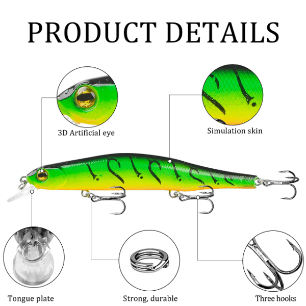 Artificial topwater fishing lure, 12.5cm minnow design with 3D eyes and plastic body