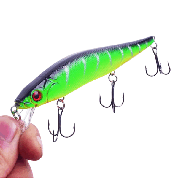 Realistic minnow-style crankbait with sound chamber and treble hooks for multi-species fishing